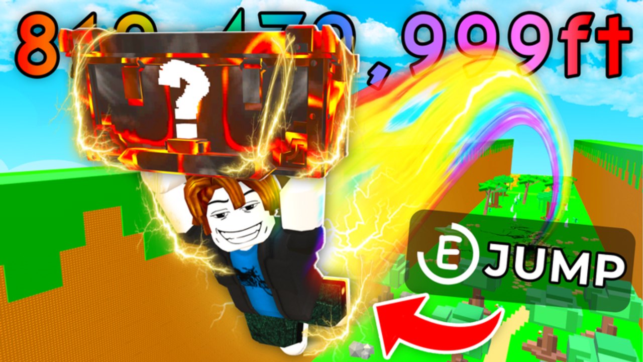 Roblox avatar leaping with a lava mystery case while a rainbow jump arc stretches across the Roll Cases for Brainrots map