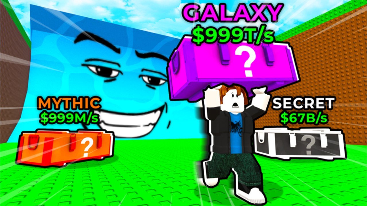 Galaxy, Mythic, and Secret mystery cases on a green plot beside a giant blue Brainrot in Roll Cases for Brainrots